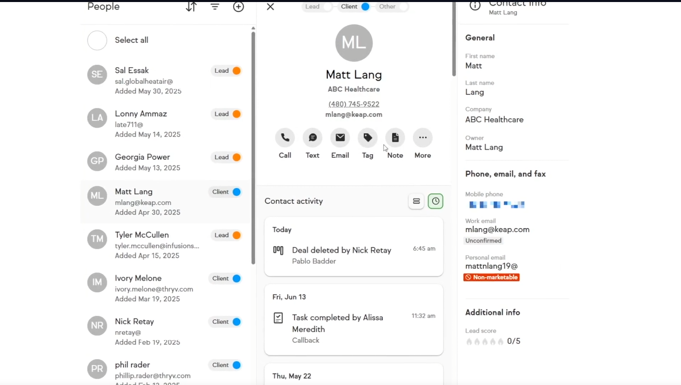 SaberCRM contact management and automation dashboard